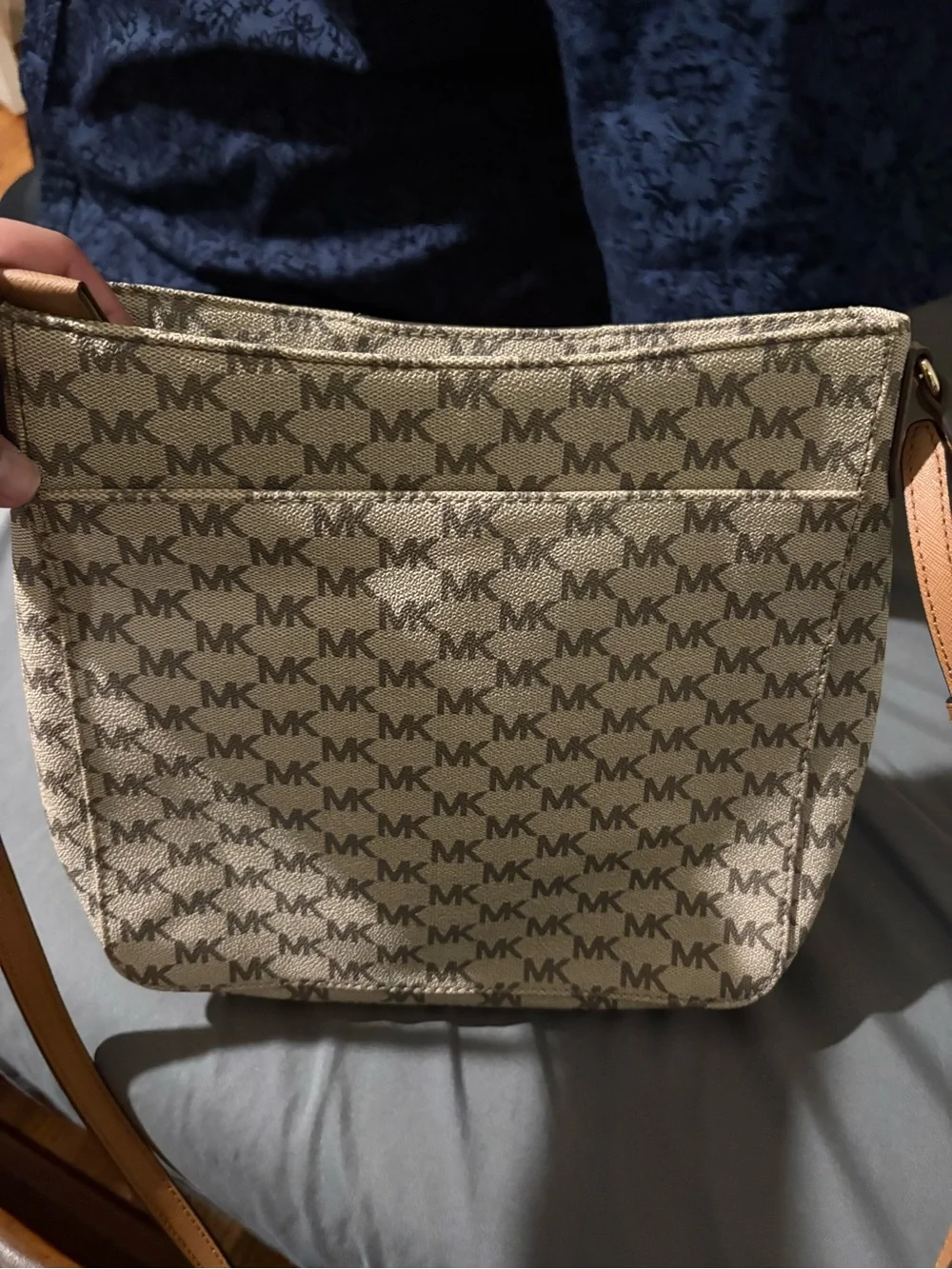 Michael Kors Beige MK Monogram Messenger Bag with Gold Croc Panel
